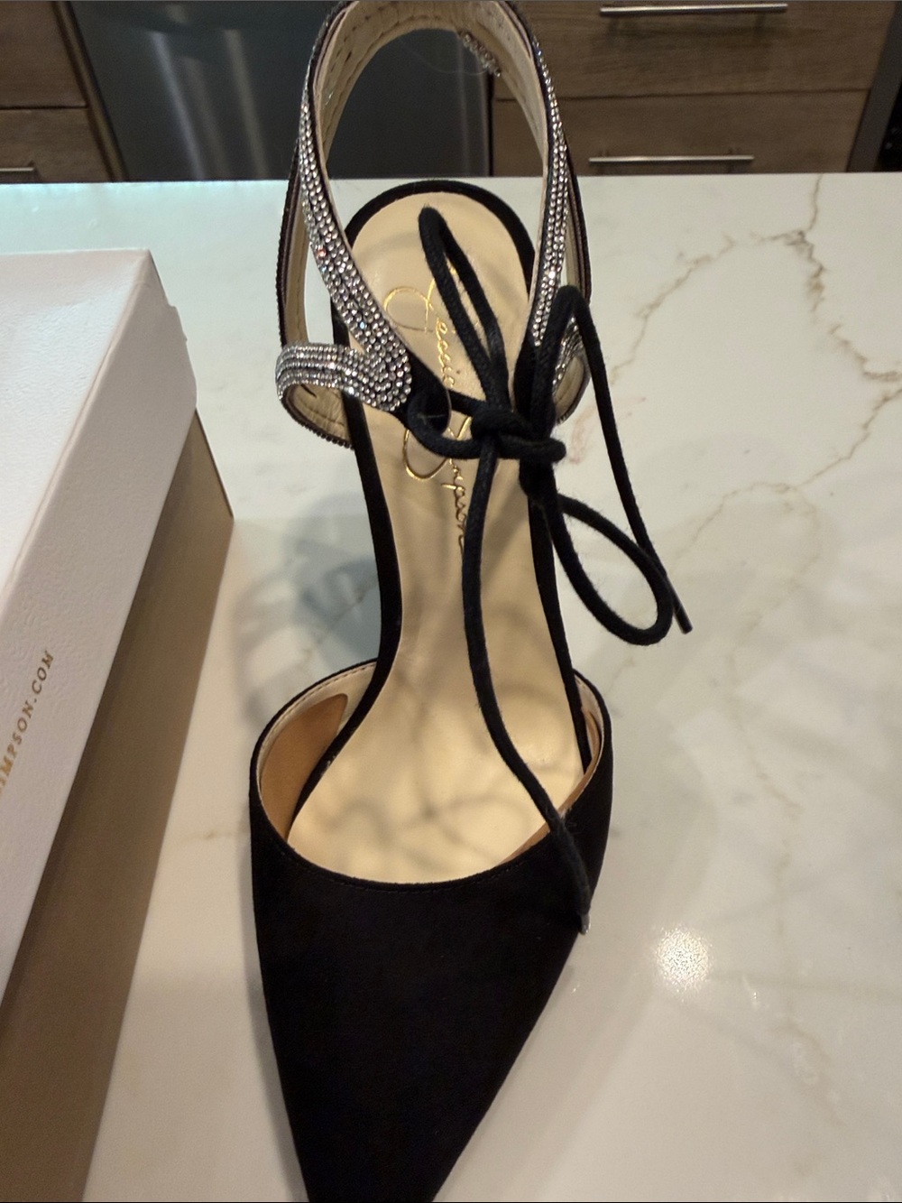 🆕 Jessica Simpson Black Suede Pointed Toe Rhinestone Ankle Tie Heels - Picture 3 of 17
